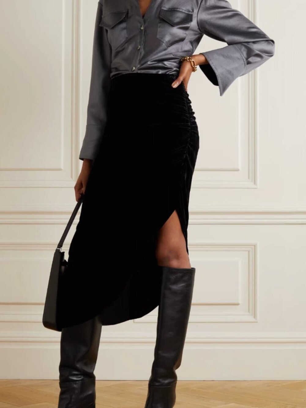 VERONICA BEARD Midi Skirt Herst Black Velvet Rushed Size 6 New Tag $495